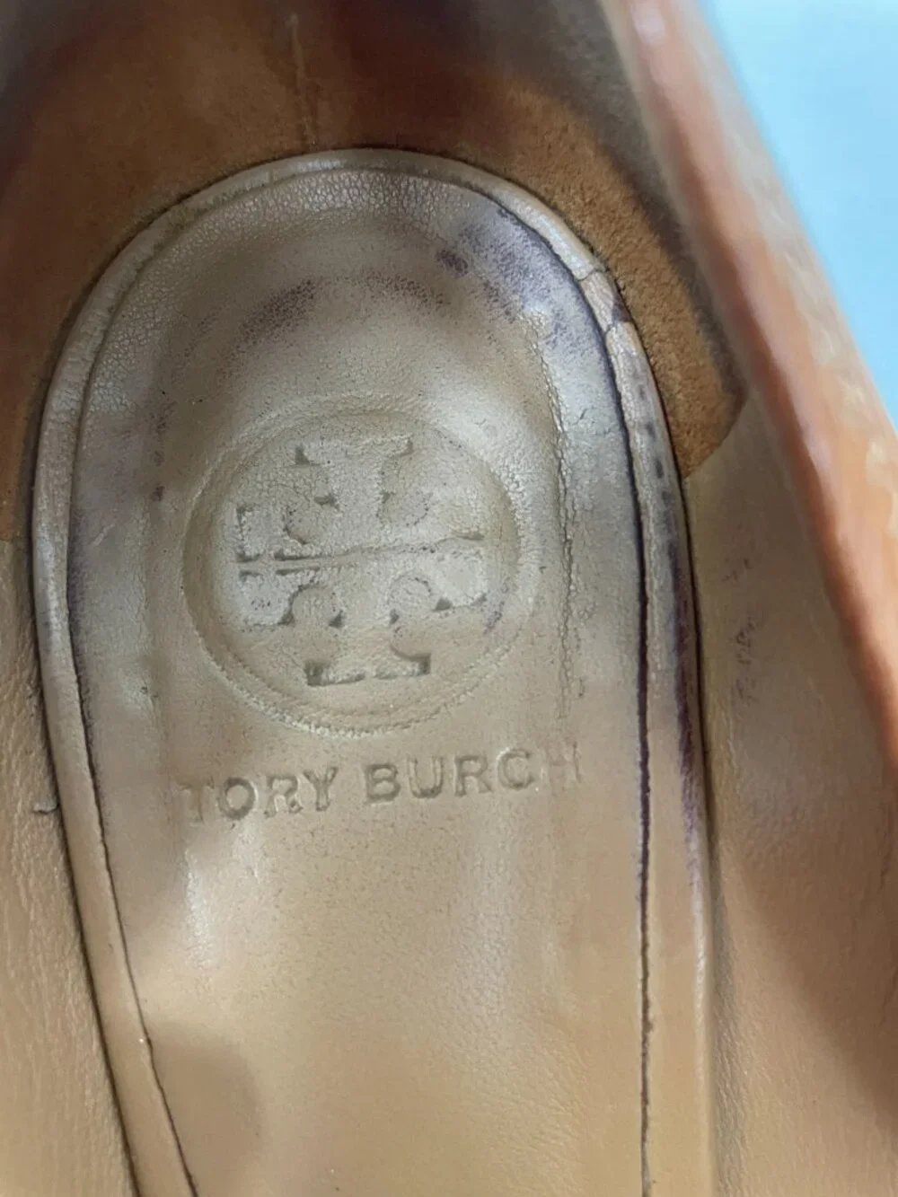 Tory Burch Sally Peep-Toe Wedge Pumps with Gold Logo Brown Leather Size: 9